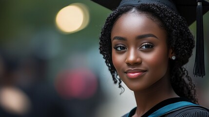 A smiling young Black woman graduates, wearing a cap and gown