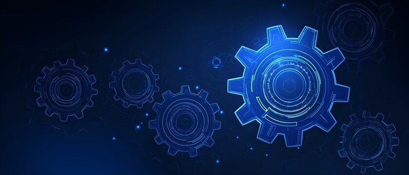 Futuristic abstract background featuring glowing blue wireframe gears and cogs connecting digitally. Use for engineering, business mechanism, technology integration, innovation, digital systems