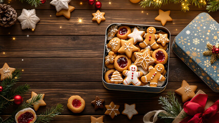 A tin of assorted Christmas cookies on a decorated wooden table