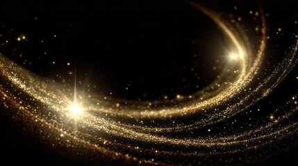 Abstract swirling golden light trails and sparkling particles against a dark black background