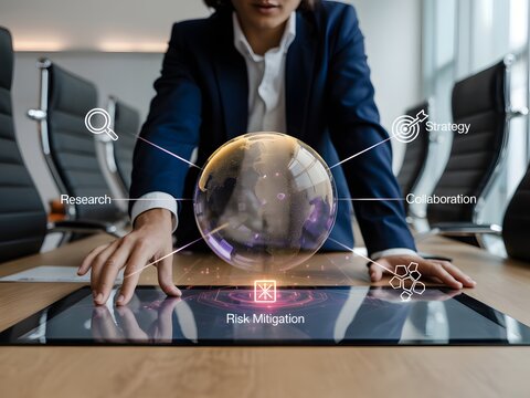 Global Business Strategy and Risk Mitigation. Containing a businesswoman in a boardroom with a holographic globe and icons for research, collaboration, and strategy. - Powered by Adobe