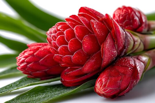 Red ginger lily flowers with water drops on white background - Powered by Adobe