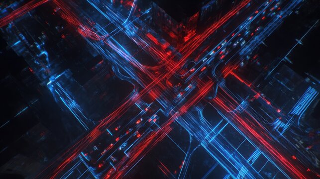 digital visualization of traffic flow on megacity roads, glowing red and blue lane indicators, top view grid layout, sharp geometric aesthetics