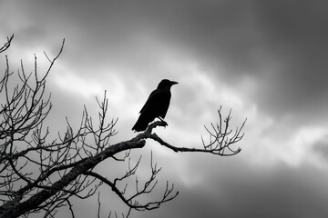 Naklejka premium Stark Silhouette of Bird Perched on Lifeless Branch