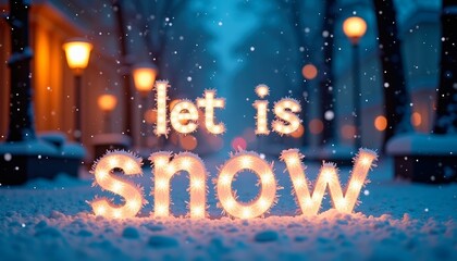 Illuminated text saying "let it snow" in a snowy street scene, surrounded by softly glowing street lamps, creating a magical winter atmosphere with falling snowflakes, winter card