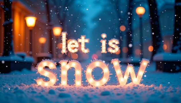 Illuminated text saying "let it snow" in a snowy street scene, surrounded by softly glowing street lamps, creating a magical winter atmosphere with falling snowflakes, winter card