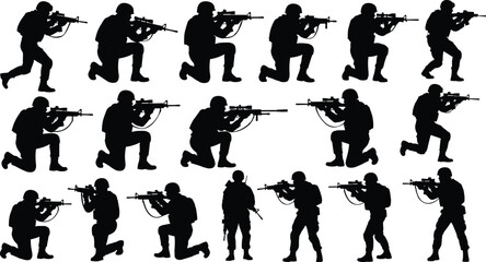 Naklejka premium Black silhouettes of soldiers in tactical gear aiming rifles on white background