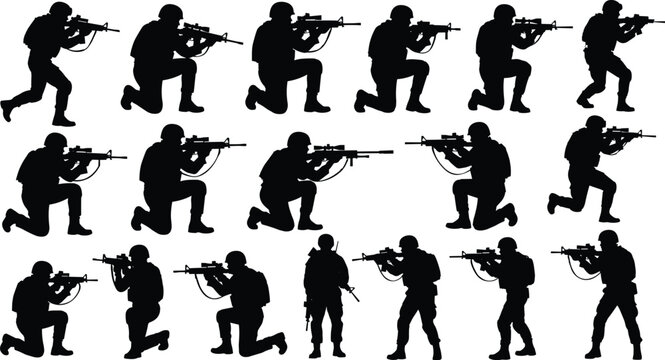 Black silhouettes of soldiers in tactical gear aiming rifles on white background