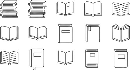 Collection of black and white line art icons of various books open book closed book