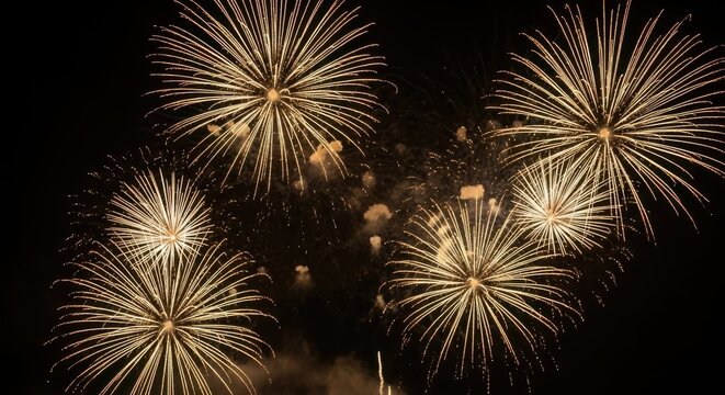 Spectacular golden fireworks light up the night sky creating a festive atmosphere and celebratory mood