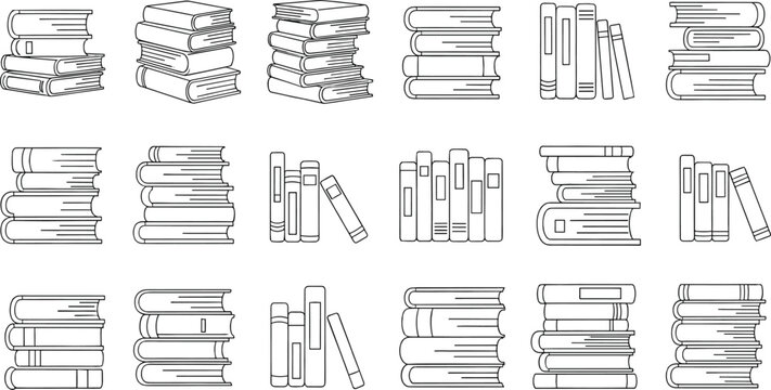 Collection of black and white line art illustrations of stacked and standing books