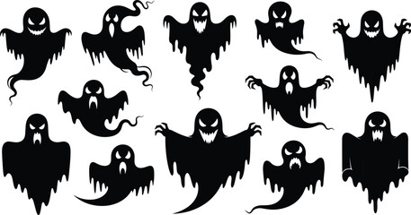 Collection of black ghost silhouettes with various spooky expressions and shapes