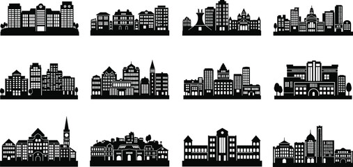 Obraz premium Collection of black silhouette city skylines and building clusters architecture urban