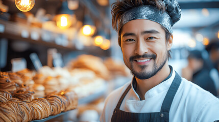 Asian male baker smiling in a bakery with fresh pastries and warm lighting ambiance