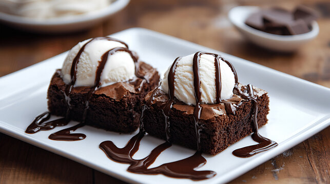Decadent chocolate brownies topped with vanilla ice cream and drizzled chocolate sauce