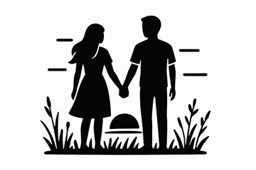 couple holding hands at sunset field flat black solid vector illustration isolated on white background