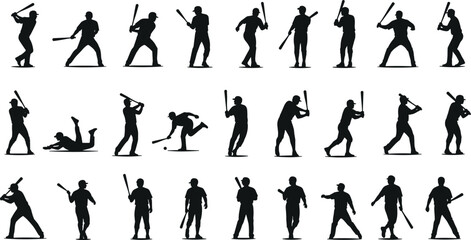 Collection of black silhouettes of baseball players in various action poses white background