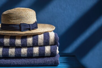Folded Striped Towel and Classic Straw Hat