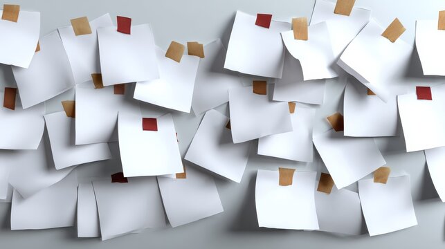 Bunch of white sticky notes are scattered on a table. The notes are all different sizes and shapes, and some of them have red tabs. Concept of disorganization and chaos - Powered by Adobe