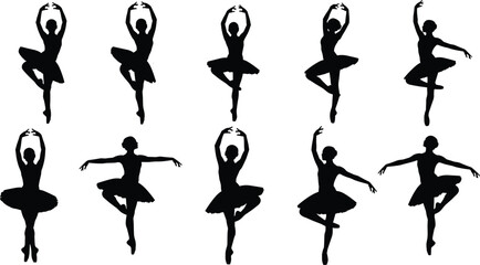 Ten black silhouettes of ballerinas in various dance poses on white background ballet © Obaidul Vector Zoon