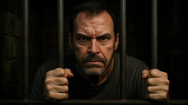Adult male prisoner shouts from behind metal bars, expressing intense anger and frustration. Depiction of confinement and despair in a dark prison cell. Camera tilting vertically then static.