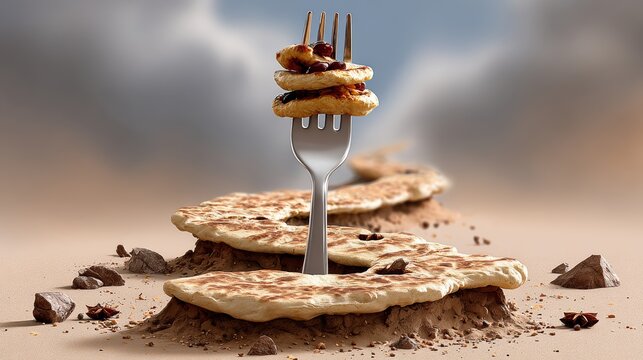 Fork is on top of a stack of pancakes. The pancakes are on a plate that is on a table. The image has a mood of hunger and anticipation