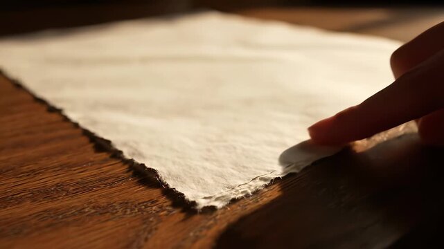 A person carefully cuts a sheet of paper with a deckled edge on a wooden table, surrounded by utensils and a napkin, capturing the essence of craftsmanship and attention to detail.