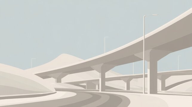 minimalist highway overpass concept, soft neutral colors, simplified lines, no vehicles, clean architectural presentation ideal for commercial use