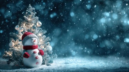 Obraz premium Charming snowman with red scarf and hat stands beside a decorated christmas tree in a snowy winter wonderland