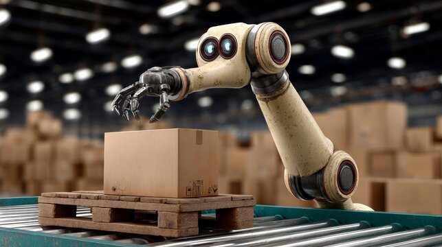 Robot is working on a pallet of boxes. The robot is white and has a robotic arm