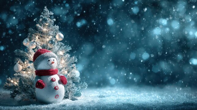 Charming snowman with red scarf and hat stands beside a decorated christmas tree in a snowy winter wonderland - Powered by Adobe