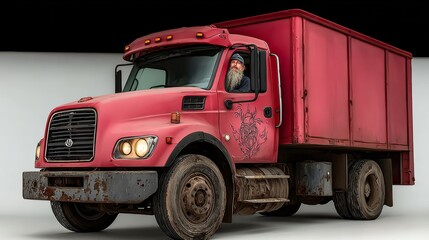 Man is driving a red truck with a beard. The truck is parked on the side of the road