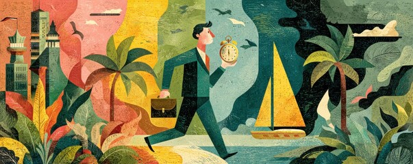 Businessman on a colorful journey through work and travel, rushing with a pocket watch