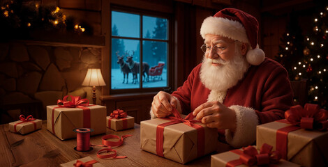 Santa Claus Wrapping Christmas Gifts in a Cozy Cabin with Reindeer&nbsp;Outside