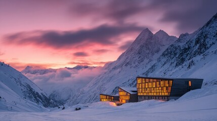 modern luxury mountain hotel with warm golden windows glowing in snowy alpine valley at sunrise, pink clouds touching peaks, clean minimal