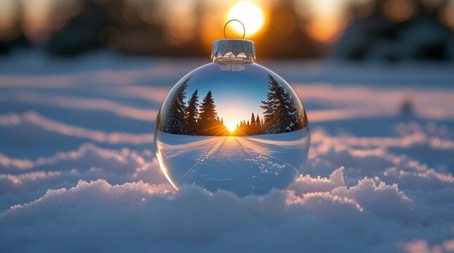 Close-up of a glass Christmas ornament reflecting a snowy winter landscape with pine trees and a glowing sunset, peaceful holiday scene in soft light on fresh snow. - Powered by Adobe