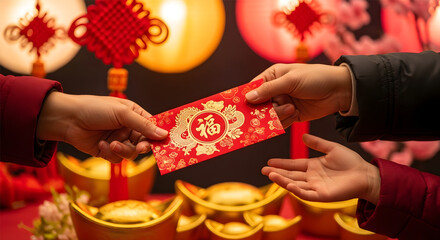 Hands Exchanging Red Fu Envelope at Chinese New Year