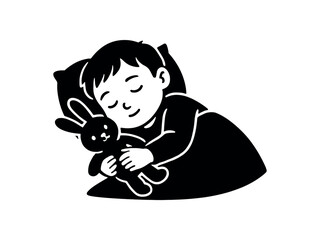 Naklejka premium sleeping child with toy flat black solid vector illustration isolated on white background