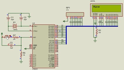 Video simulation of operation of electronic 
device circuit with lcd, integrated circuit, microcontroller. Animation of text display on screen by pressing button. Technic engineering cad scheme. 