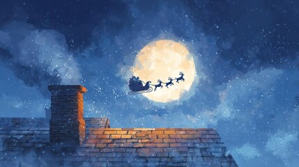 Santa claus flying in his sleigh pulled by reindeer across a magical starry night sky above a snowy rooftop