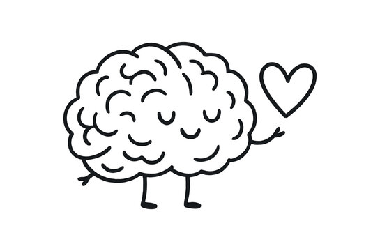 handdrawn cute doodle style brain with heart vector line illustration