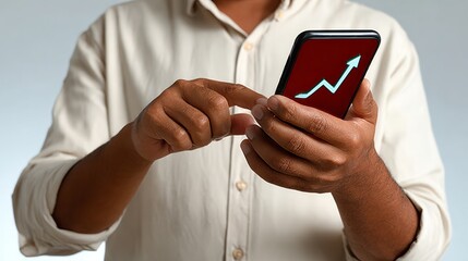 Man is pointing at a phone screen with a red arrow on it. Concept of excitement and anticipation, as if the man is about to make a significant decision or take a big step forward