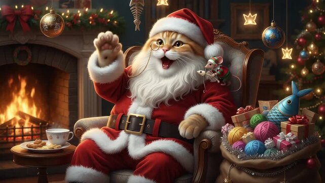 Cat portraying Santa by a warm fireplace. Happy pet with a monocle and a playful mouse helper in a festive living room. Lockdown wide shot.