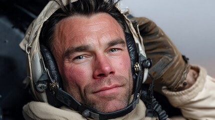 Man wearing a helmet and a jacket. He is smiling