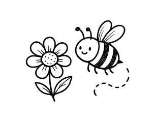 handdrawn cute doodle style bee and flower vector line illustration