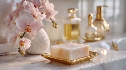 Elegant Arrangement of Luxurious Soap with Delicate Orchids and Opulent Bottles in a Stylish Bathroom Setting