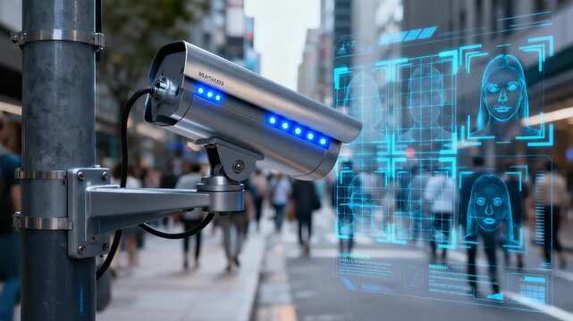 Advanced identification system processing pedestrian data on busy street. Panning camera movement. - Powered by Adobe