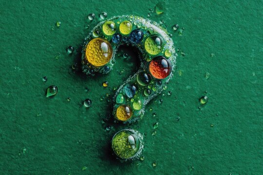 Question mark formed by colorful water droplets on a green background, a creative concept for curiosity and decision making