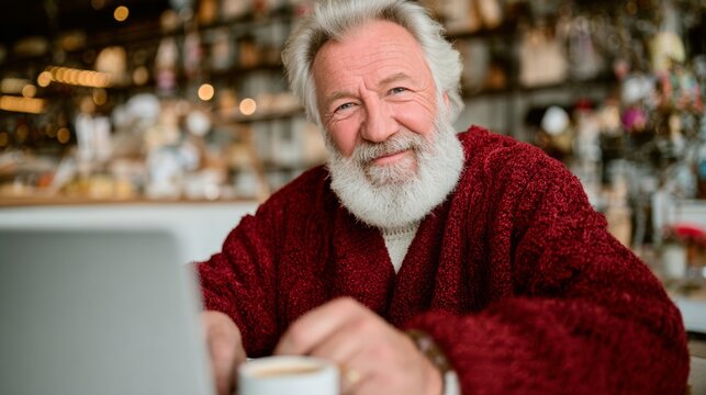 Man in a red sweater is smiling and holding a cup of coffee. He is sitting at a table with a laptop in front of him - Powered by Adobe