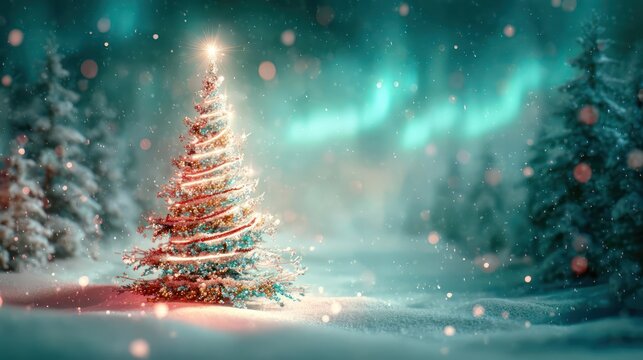 Magical winter forest scene with a glowing christmas tree illuminated by aurora borealis and soft lights